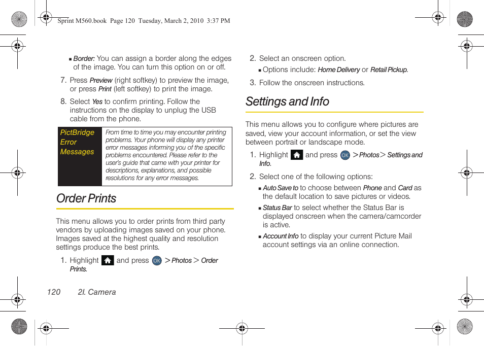 Order prints, Settings and info | Samsung SPH-M560BLASPR User Manual | Page 136 / 222