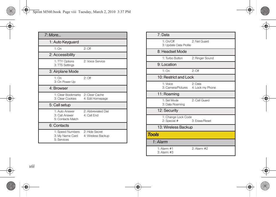 Tools, Viii | Samsung SPH-M560BLASPR User Manual | Page 14 / 222