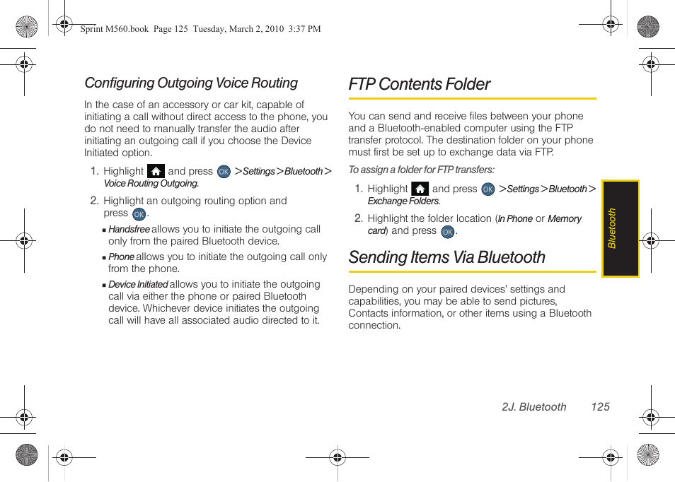 Configuring outgoing voice routing, Ftp contents folder, Sending items via bluetooth | Samsung SPH-M560BLASPR User Manual | Page 141 / 222