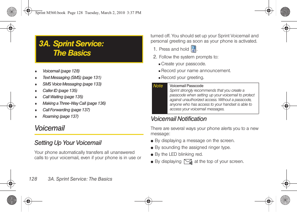 3a. sprint service: the basics, Voicemail, Setting up your voicemail | Voicemail notification | Samsung SPH-M560BLASPR User Manual | Page 144 / 222