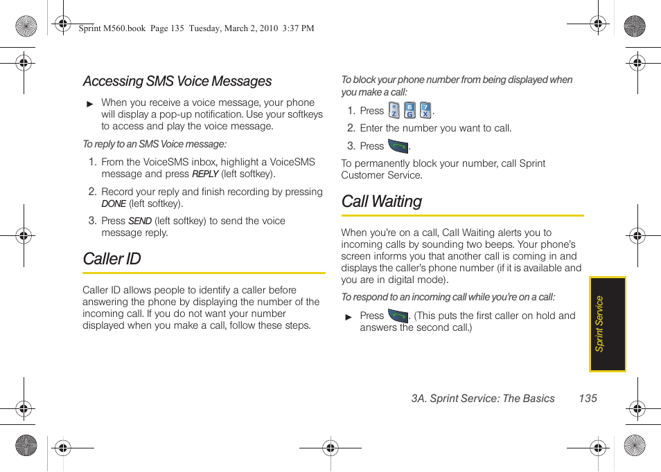 Accessing sms voice messages, Caller id, Call waiting | Samsung SPH-M560BLASPR User Manual | Page 151 / 222