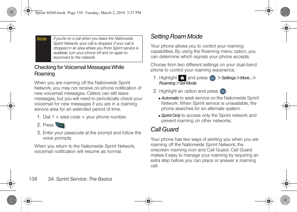 Setting roam mode, Call guard, Call guard” on | Samsung SPH-M560BLASPR User Manual | Page 154 / 222