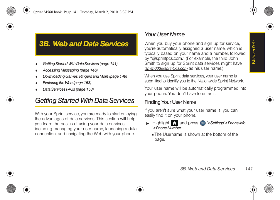 3b. web and data services, Getting started with data services, Your user name | Samsung SPH-M560BLASPR User Manual | Page 157 / 222