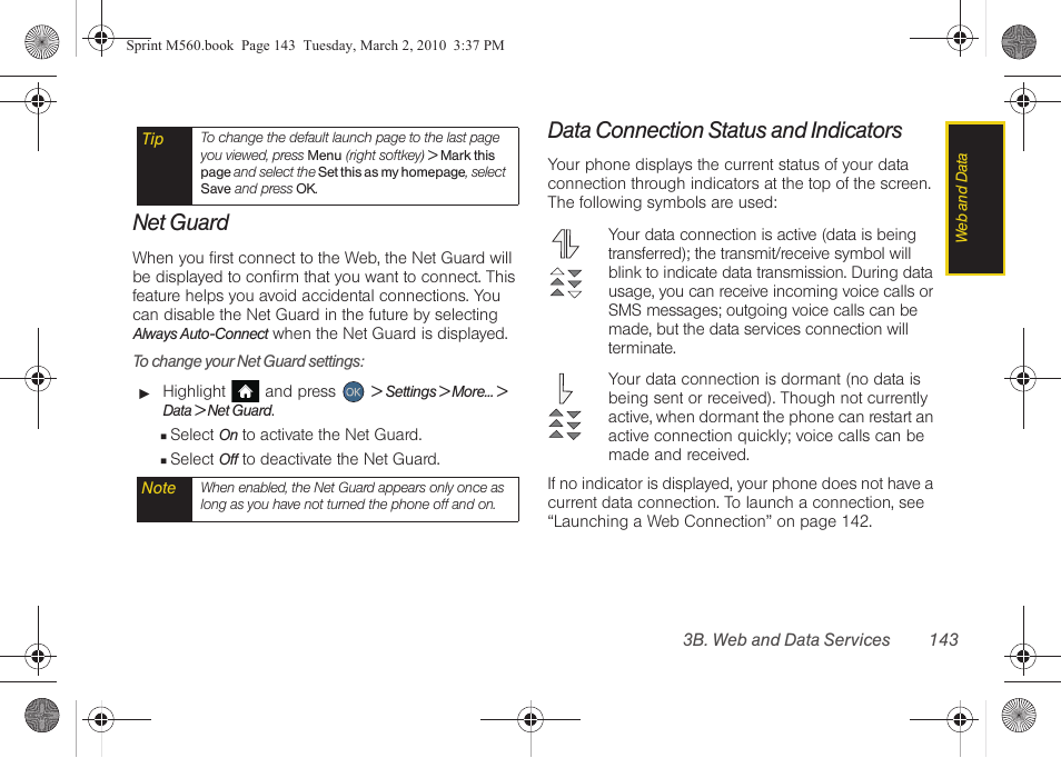 Net guard, Data connection status and indicators | Samsung SPH-M560BLASPR User Manual | Page 159 / 222