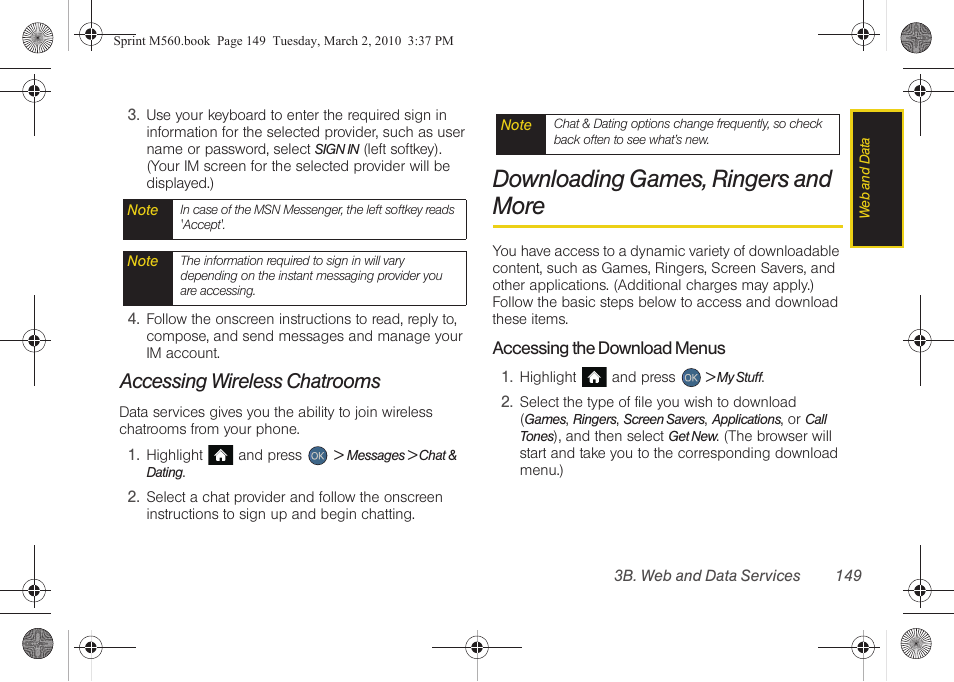 Accessing wireless chatrooms, Downloading games, ringers and more | Samsung SPH-M560BLASPR User Manual | Page 165 / 222