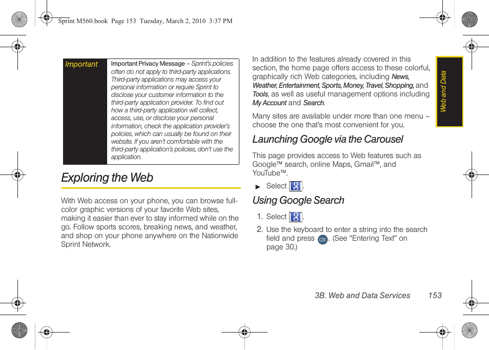 Exploring the web, Launching google via the carousel, Using google search | Samsung SPH-M560BLASPR User Manual | Page 169 / 222