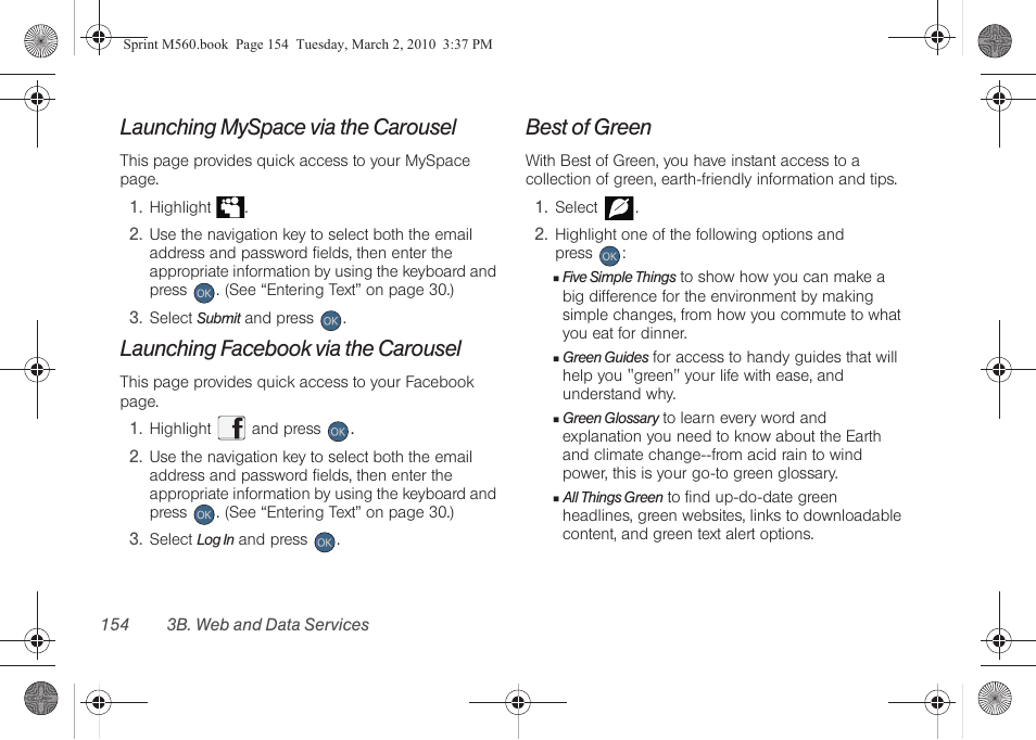 Launching myspace via the carousel, Launching facebook via the carousel, Best of green | Samsung SPH-M560BLASPR User Manual | Page 170 / 222