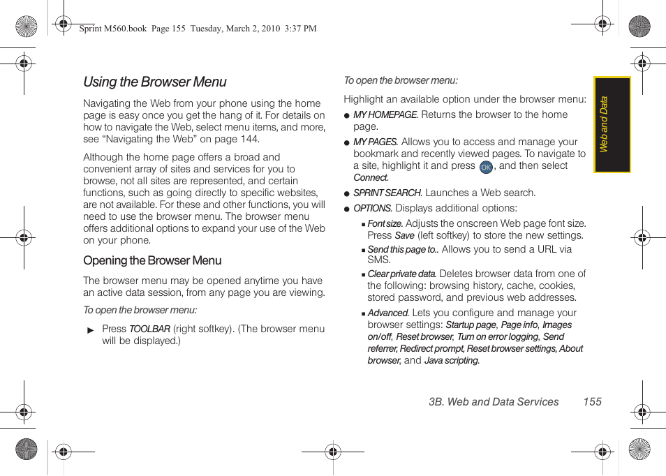 Using the browser menu | Samsung SPH-M560BLASPR User Manual | Page 171 / 222