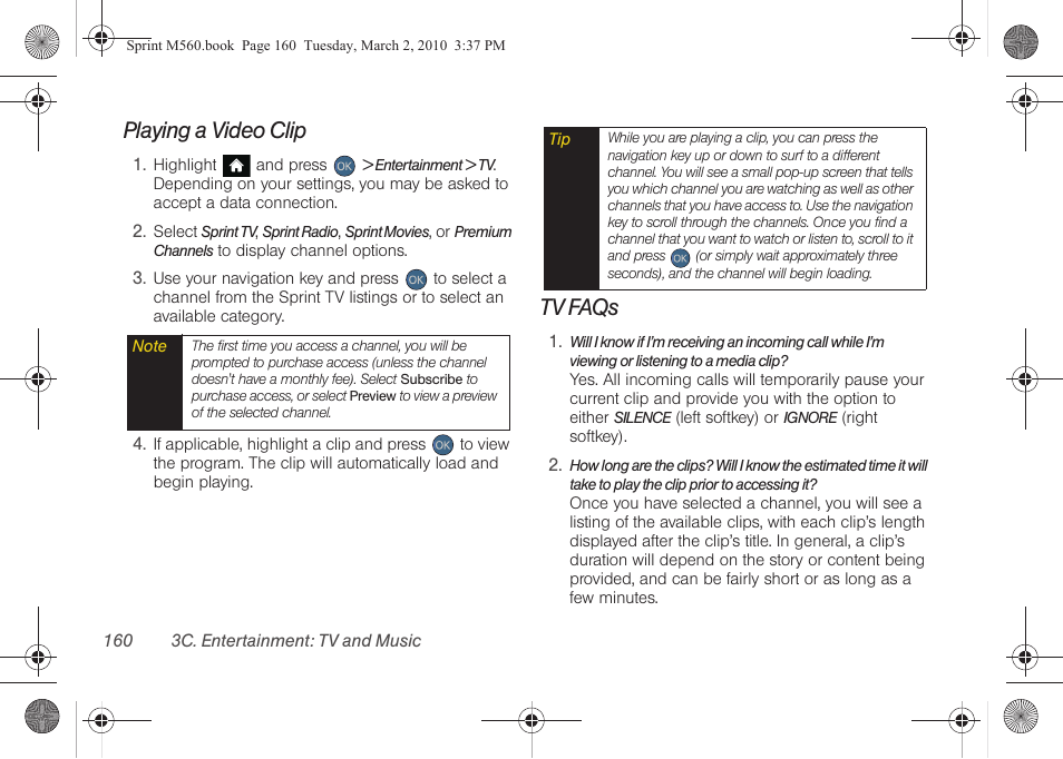Playing a video clip, Tv faqs | Samsung SPH-M560BLASPR User Manual | Page 176 / 222