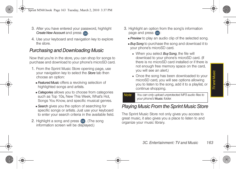 Purchasing and downloading music, Playing music from the sprint music store | Samsung SPH-M560BLASPR User Manual | Page 179 / 222