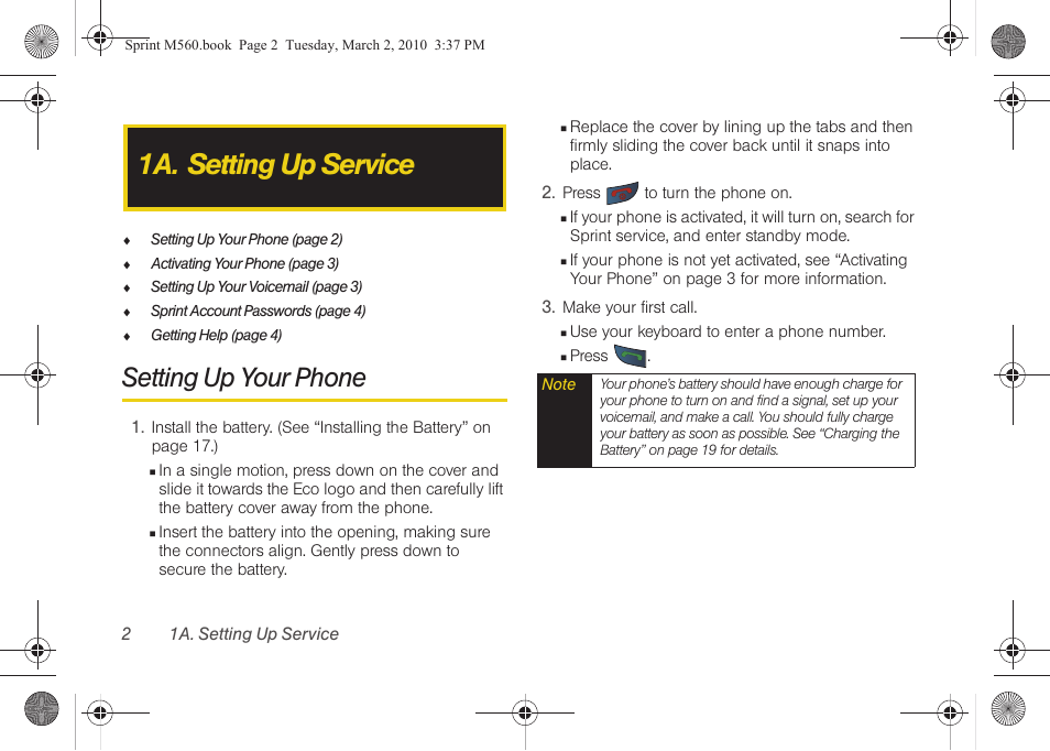 1a. setting up service, Setting up your phone | Samsung SPH-M560BLASPR User Manual | Page 18 / 222