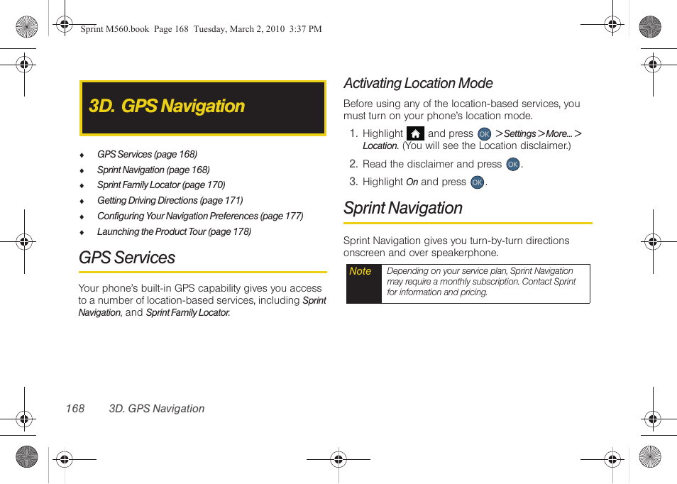 3d. gps navigation, Gps services, Activating location mode | Sprint navigation | Samsung SPH-M560BLASPR User Manual | Page 184 / 222