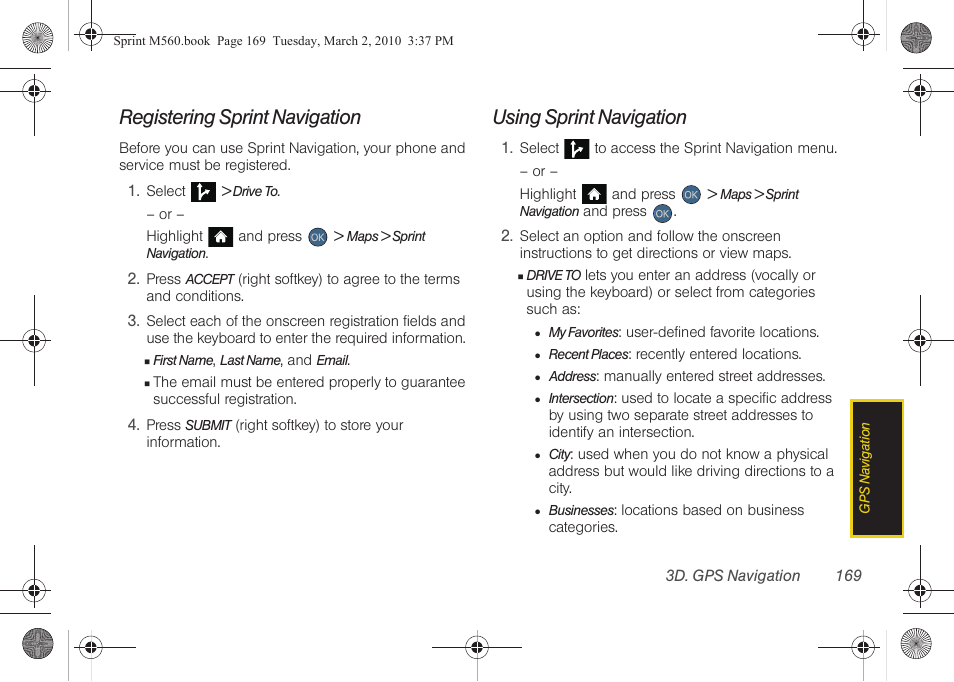 Registering sprint navigation, Using sprint navigation | Samsung SPH-M560BLASPR User Manual | Page 185 / 222