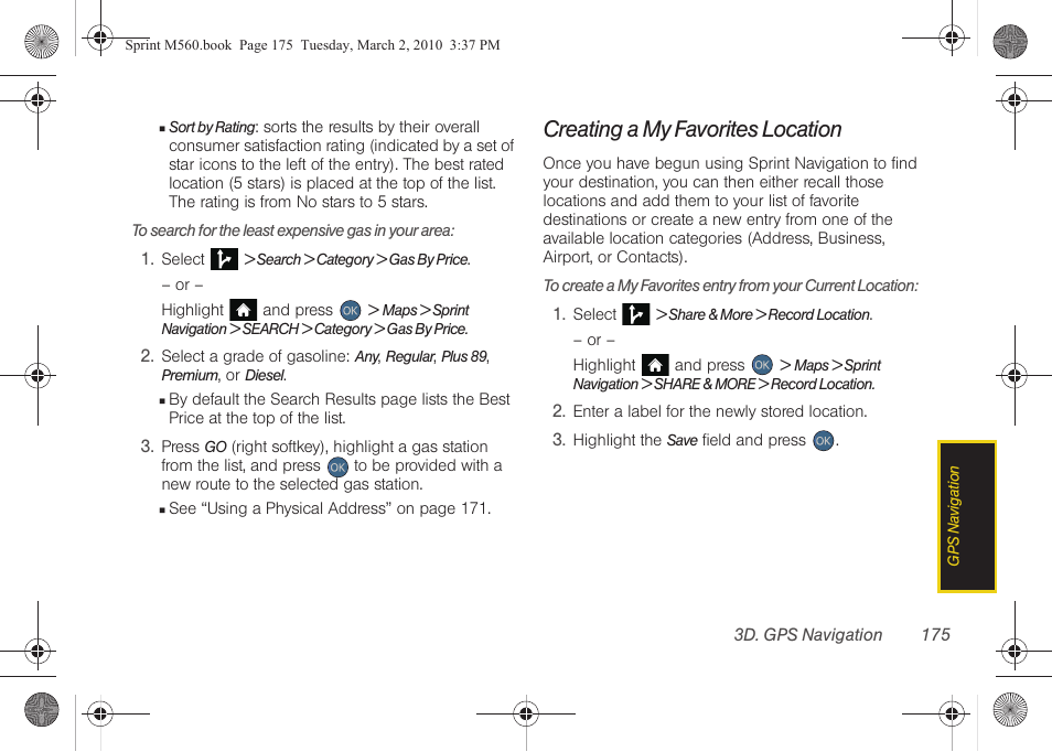 Creating a my favorites location | Samsung SPH-M560BLASPR User Manual | Page 191 / 222