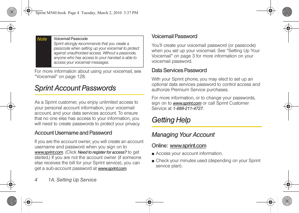 Sprint account passwords, Getting help, Managing your account | Samsung SPH-M560BLASPR User Manual | Page 20 / 222