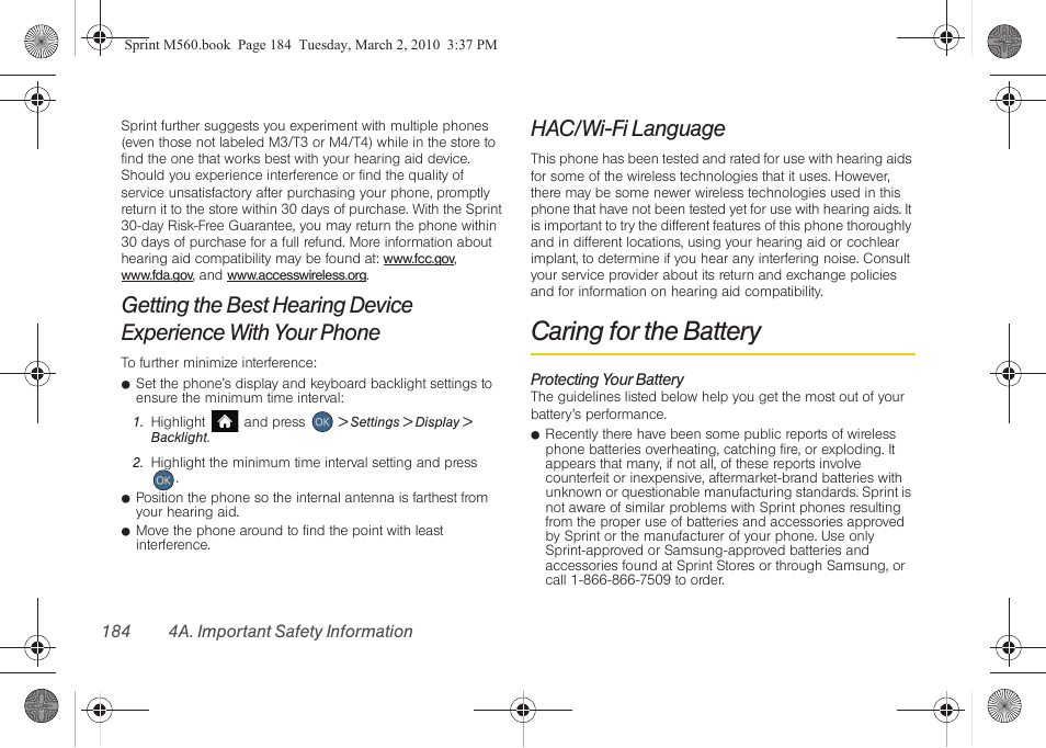 Hac/wi-fi language, Caring for the battery | Samsung SPH-M560BLASPR User Manual | Page 200 / 222