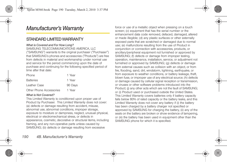 Manufacturer’s warranty | Samsung SPH-M560BLASPR User Manual | Page 206 / 222