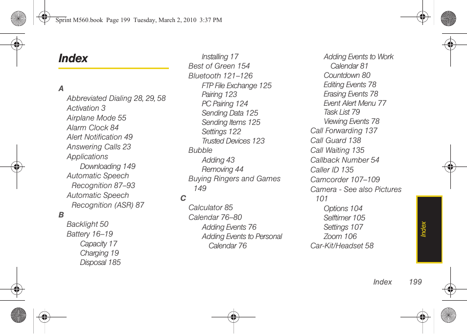 Index | Samsung SPH-M560BLASPR User Manual | Page 215 / 222