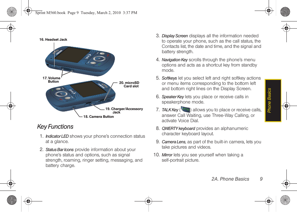 Key functions | Samsung SPH-M560BLASPR User Manual | Page 25 / 222