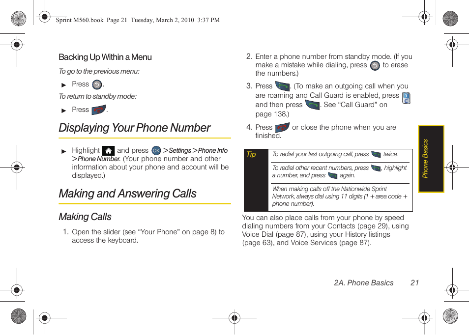 Displaying your phone number, Making and answering calls, Making calls | Samsung SPH-M560BLASPR User Manual | Page 37 / 222