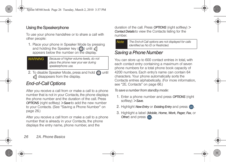 End-of-call options, Saving a phone number | Samsung SPH-M560BLASPR User Manual | Page 42 / 222