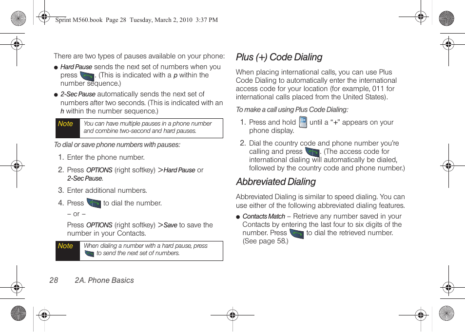 Plus (+) code dialing, Abbreviated dialing | Samsung SPH-M560BLASPR User Manual | Page 44 / 222