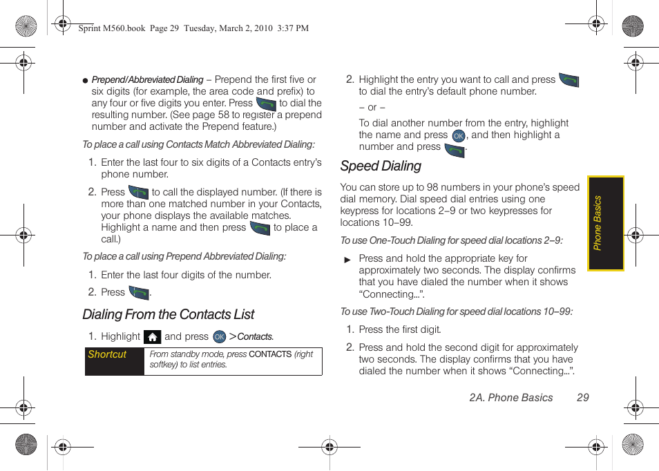 Dialing from the contacts list, Speed dialing | Samsung SPH-M560BLASPR User Manual | Page 45 / 222