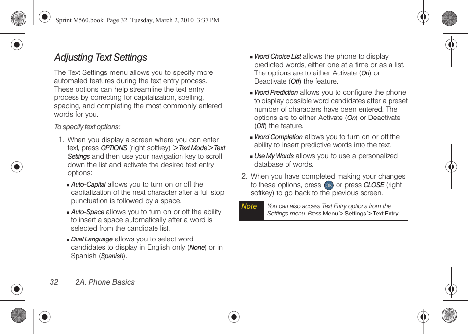 Adjusting text settings | Samsung SPH-M560BLASPR User Manual | Page 48 / 222