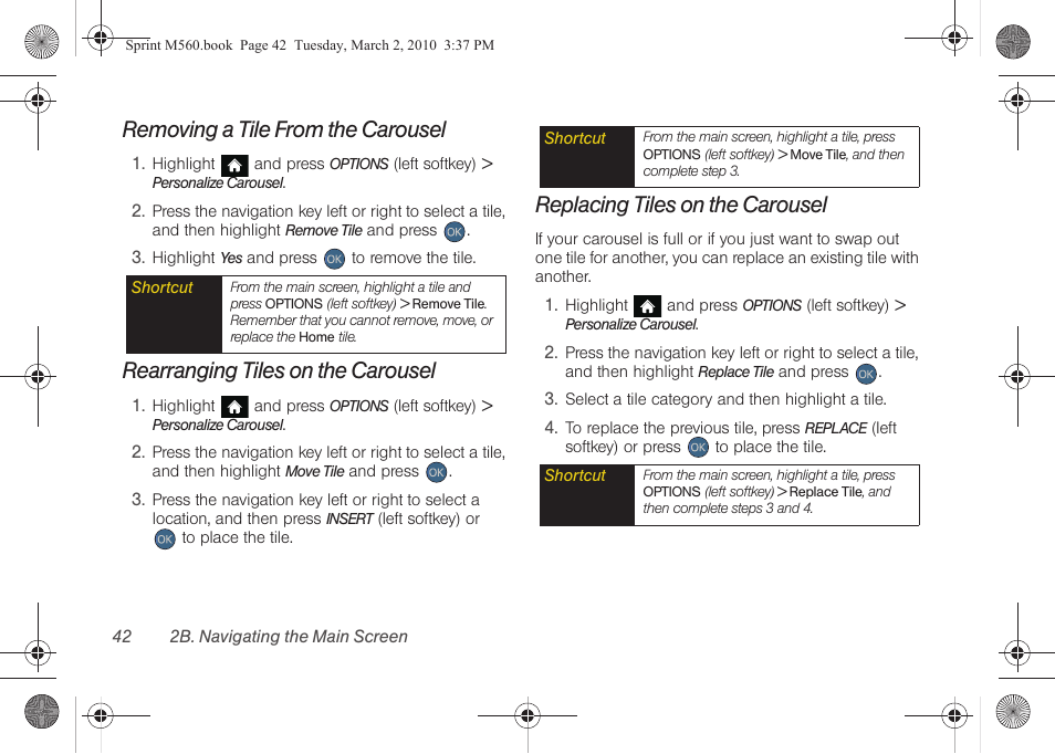 Removing a tile from the carousel, Rearranging tiles on the carousel, Replacing tiles on the carousel | Samsung SPH-M560BLASPR User Manual | Page 58 / 222