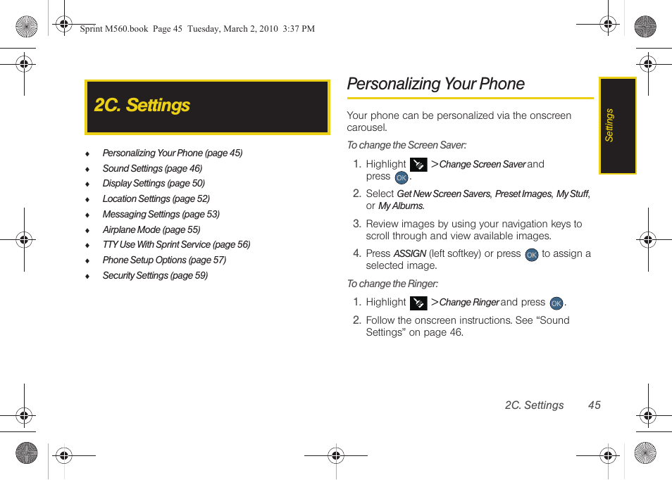 2c. settings, Personalizing your phone | Samsung SPH-M560BLASPR User Manual | Page 61 / 222