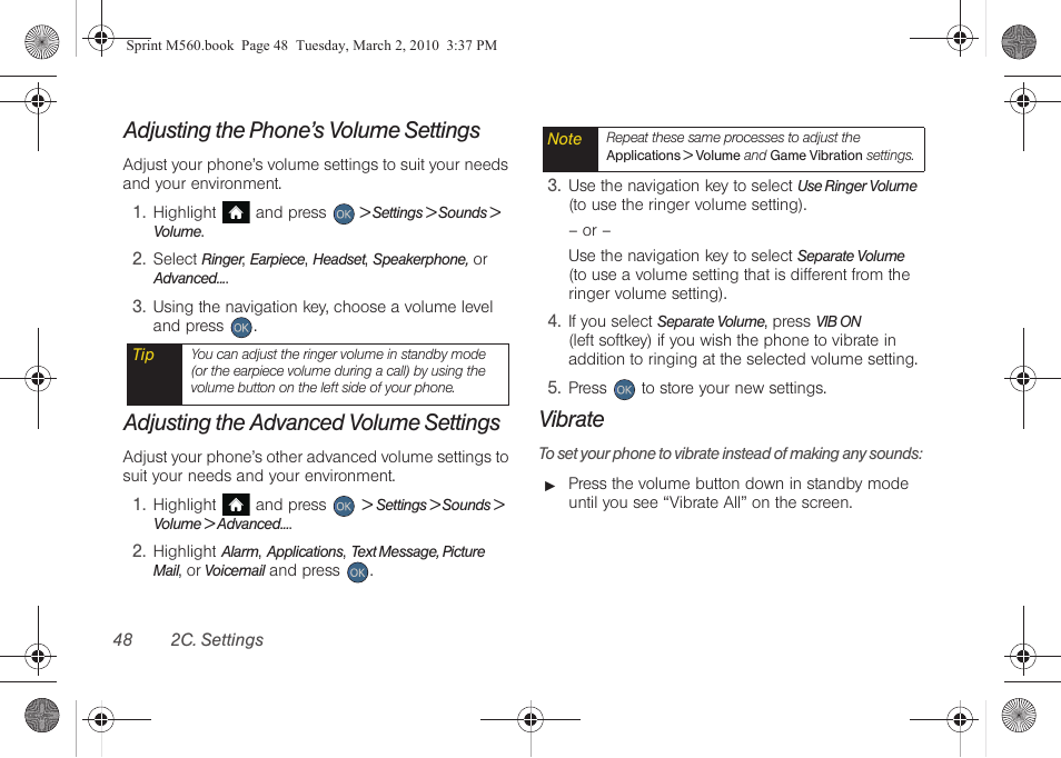 Adjusting the phone’s volume settings, Adjusting the advanced volume settings, Vibrate | Samsung SPH-M560BLASPR User Manual | Page 64 / 222