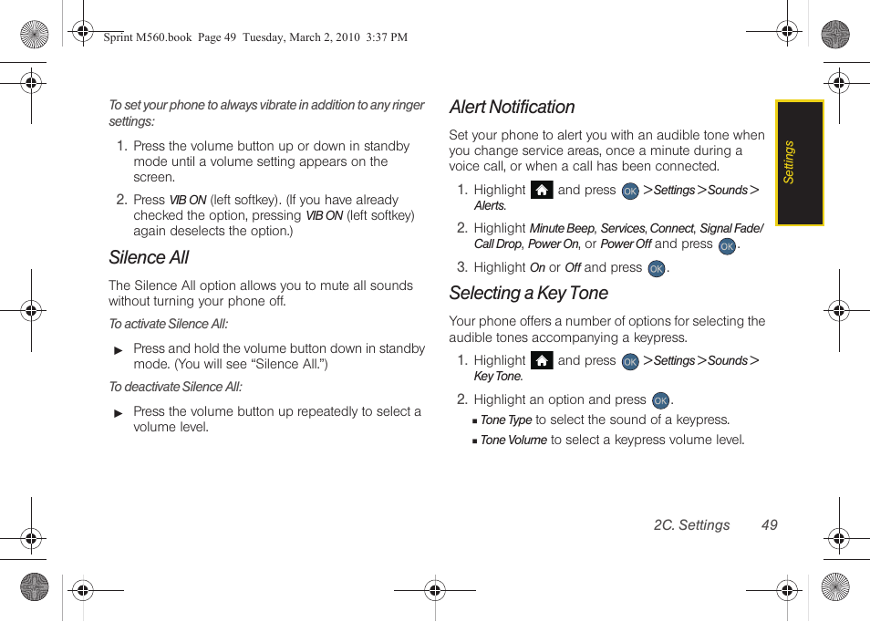 Silence all, Alert notification, Selecting a key tone | Samsung SPH-M560BLASPR User Manual | Page 65 / 222