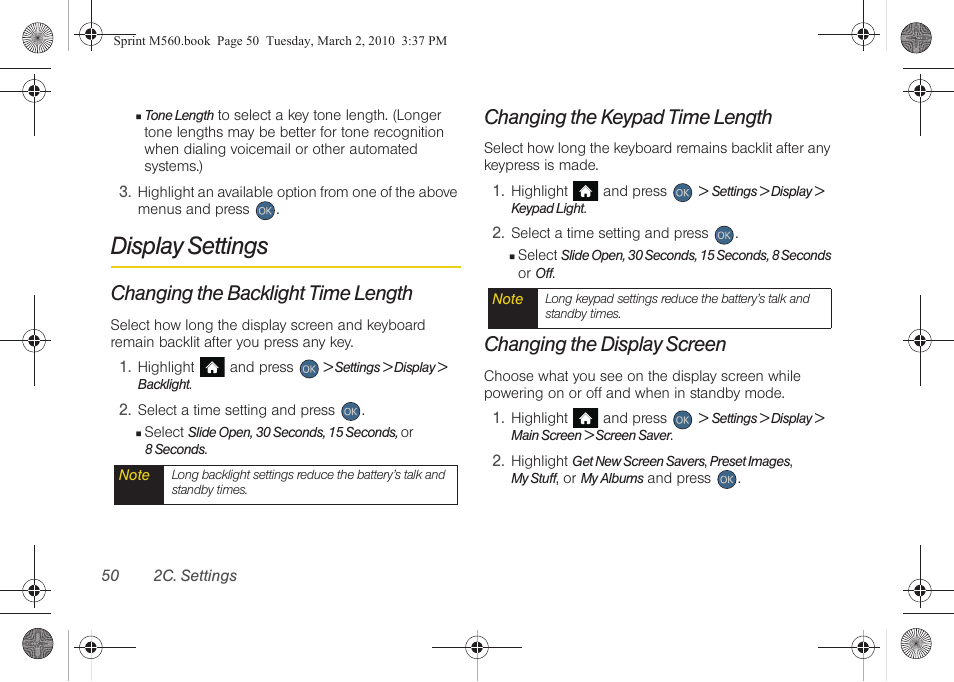 Display settings, Changing the backlight time length, Changing the keypad time length | Changing the display screen | Samsung SPH-M560BLASPR User Manual | Page 66 / 222