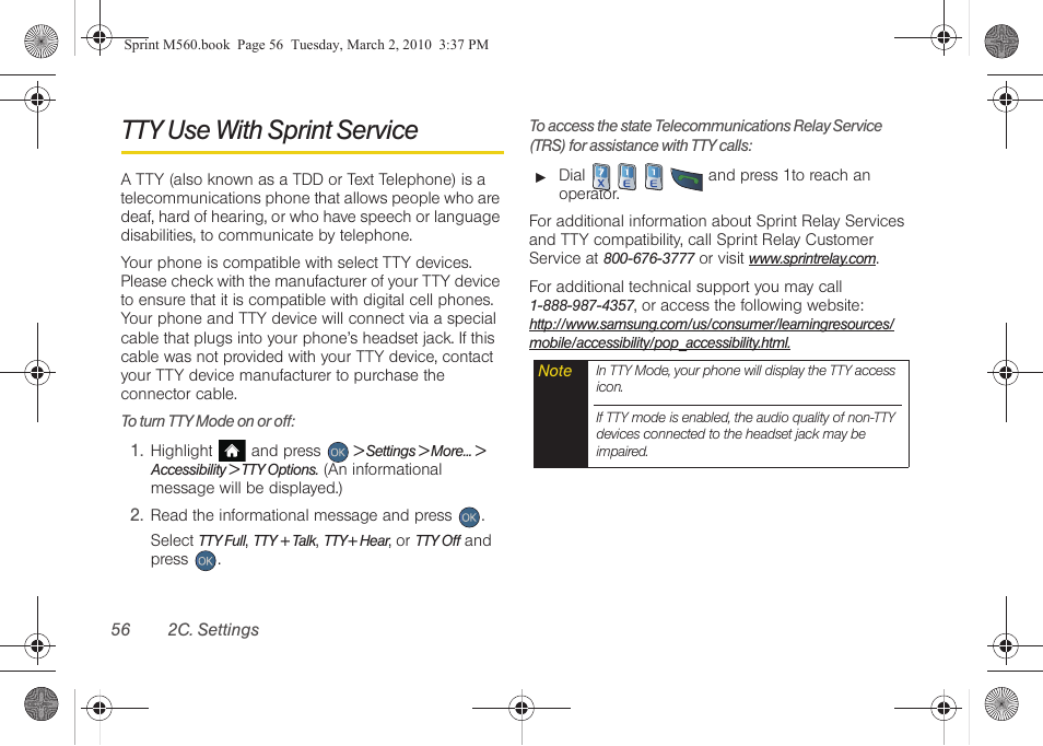 Tty use with sprint service | Samsung SPH-M560BLASPR User Manual | Page 72 / 222