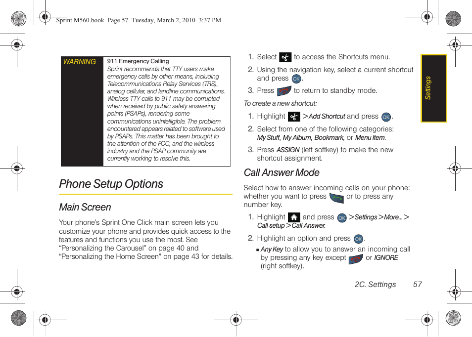 Phone setup options, Main screen, Call answer mode | See “call answer | Samsung SPH-M560BLASPR User Manual | Page 73 / 222
