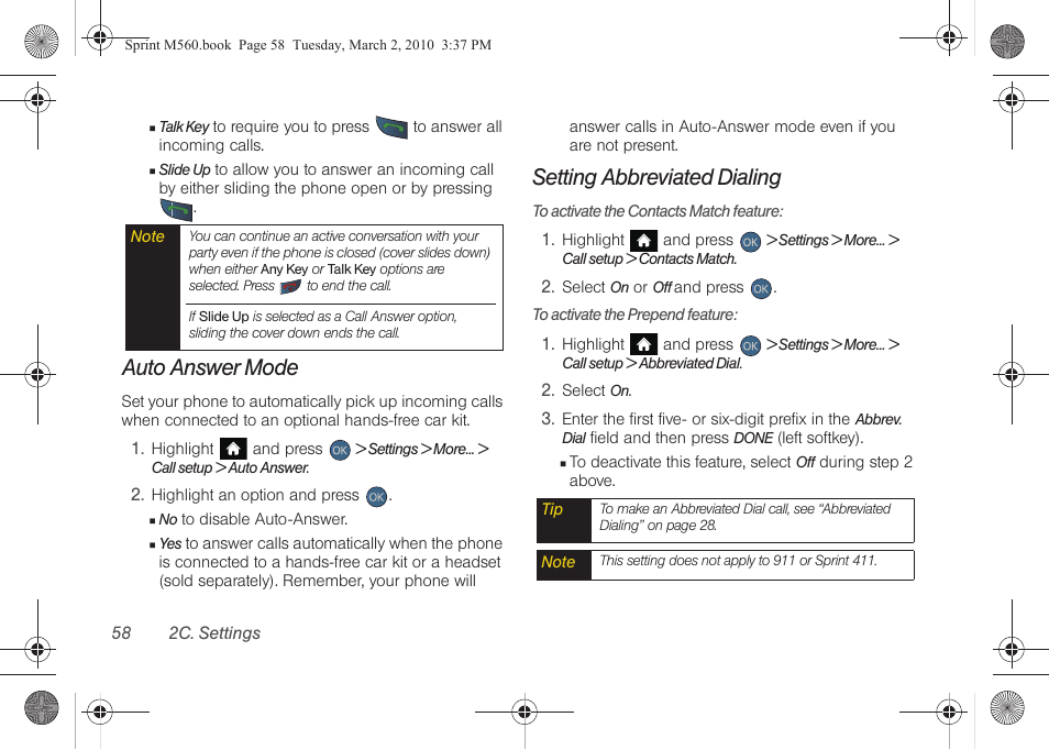 Auto answer mode, Setting abbreviated dialing | Samsung SPH-M560BLASPR User Manual | Page 74 / 222