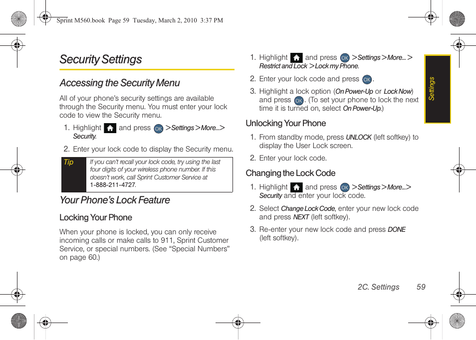 Security settings, Accessing the security menu, Your phone’s lock feature | Samsung SPH-M560BLASPR User Manual | Page 75 / 222