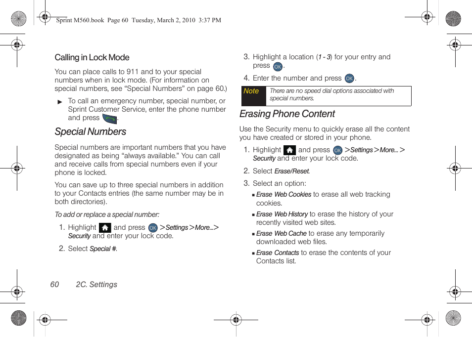 Special numbers, Erasing phone content | Samsung SPH-M560BLASPR User Manual | Page 76 / 222