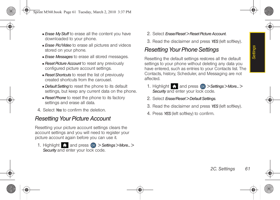 Resetting your picture account, Resetting your phone settings | Samsung SPH-M560BLASPR User Manual | Page 77 / 222