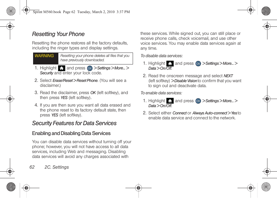 Resetting your phone, Security features for data services | Samsung SPH-M560BLASPR User Manual | Page 78 / 222