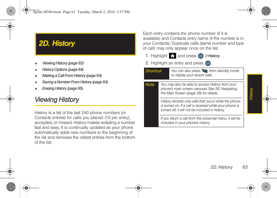 2d. history, Viewing history, See “2d | Samsung SPH-M560BLASPR User Manual | Page 79 / 222