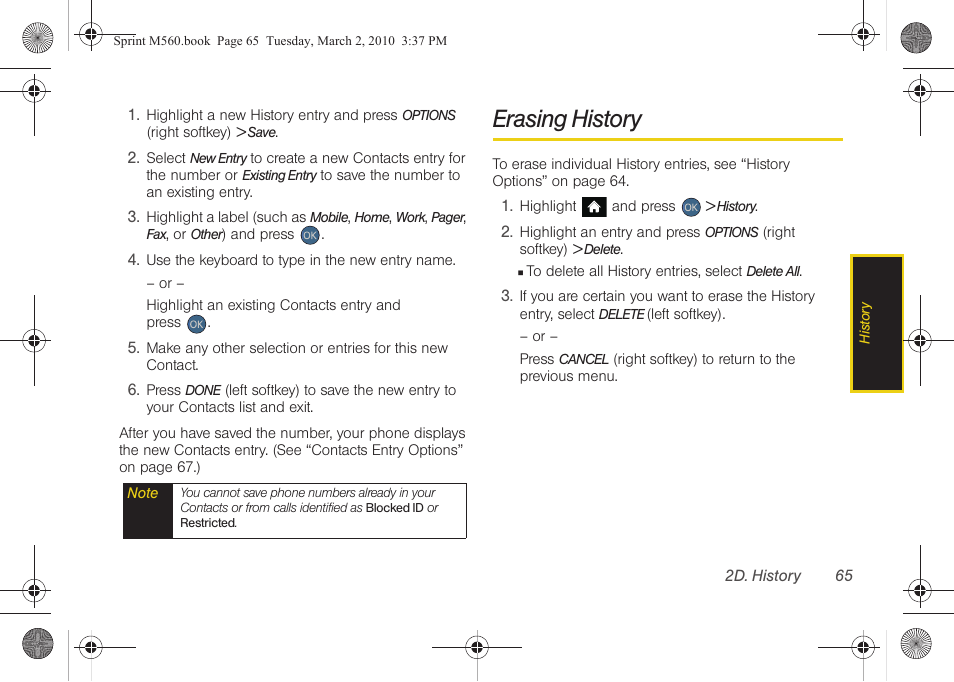 Erasing history | Samsung SPH-M560BLASPR User Manual | Page 81 / 222