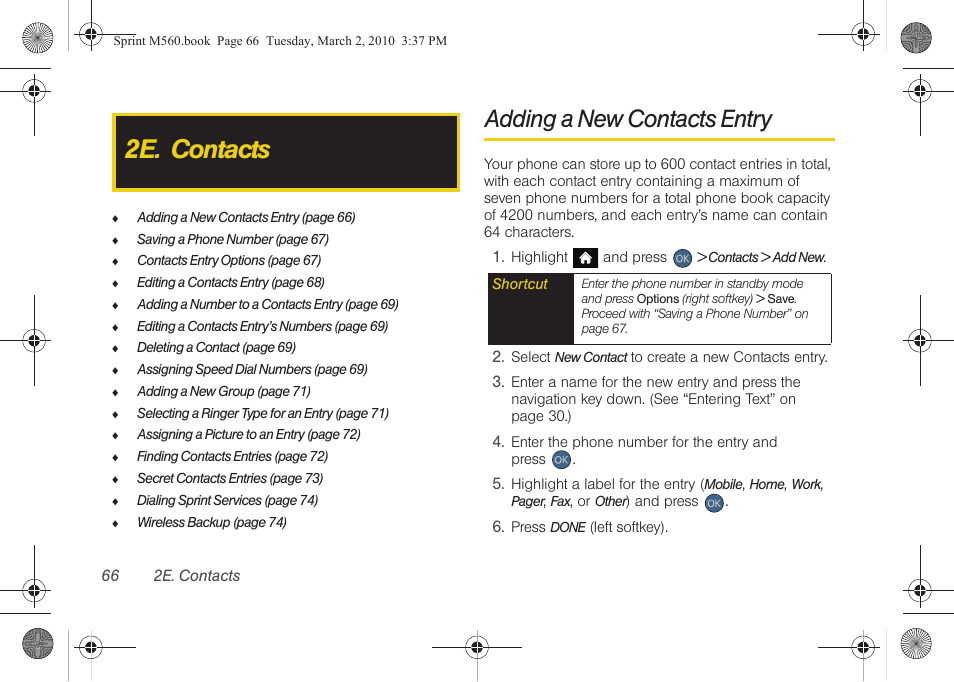 2e. contacts, Adding a new contacts entry | Samsung SPH-M560BLASPR User Manual | Page 82 / 222