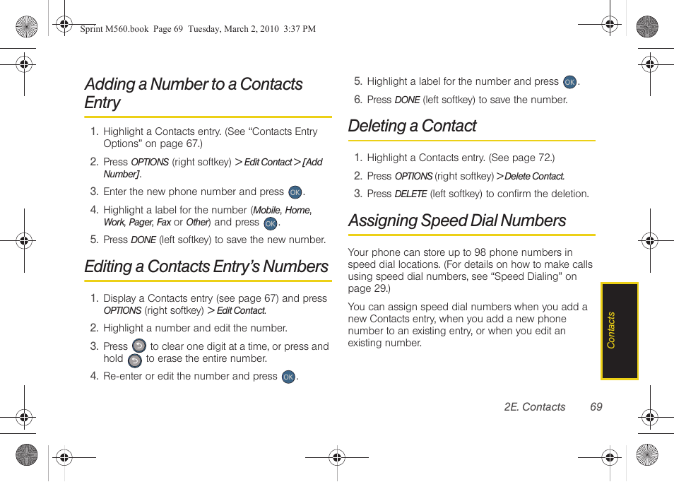 Adding a number to a contacts entry, Editing a contacts entry’s numbers, Deleting a contact | Assigning speed dial numbers | Samsung SPH-M560BLASPR User Manual | Page 85 / 222