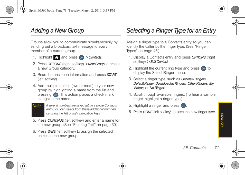 Adding a new group, Selecting a ringer type for an entry | Samsung SPH-M560BLASPR User Manual | Page 87 / 222