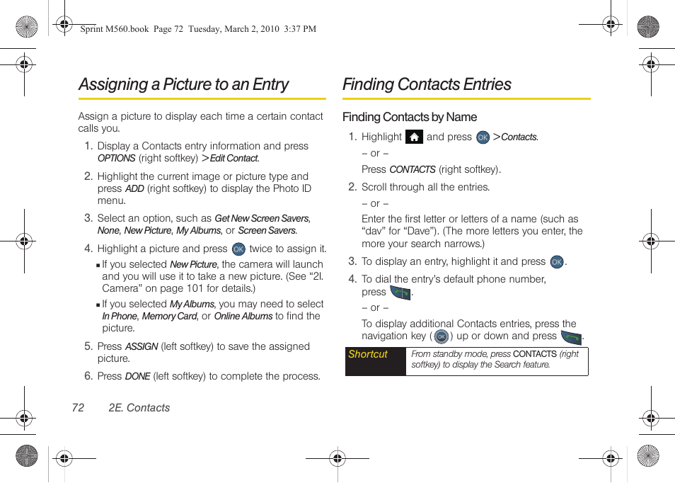 Assigning a picture to an entry, Finding contacts entries | Samsung SPH-M560BLASPR User Manual | Page 88 / 222