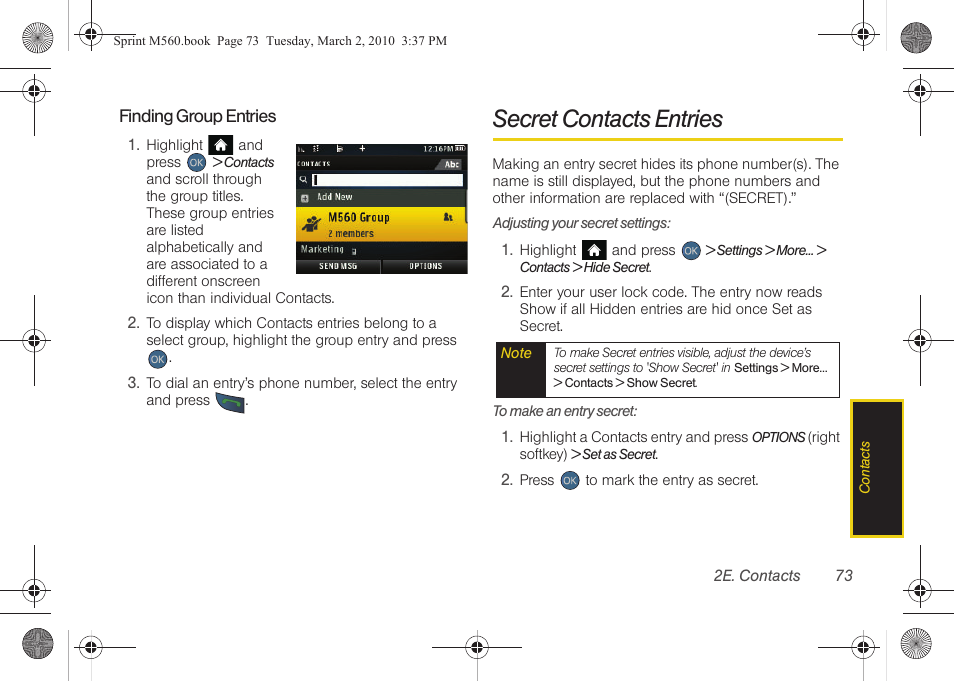 Secret contacts entries | Samsung SPH-M560BLASPR User Manual | Page 89 / 222