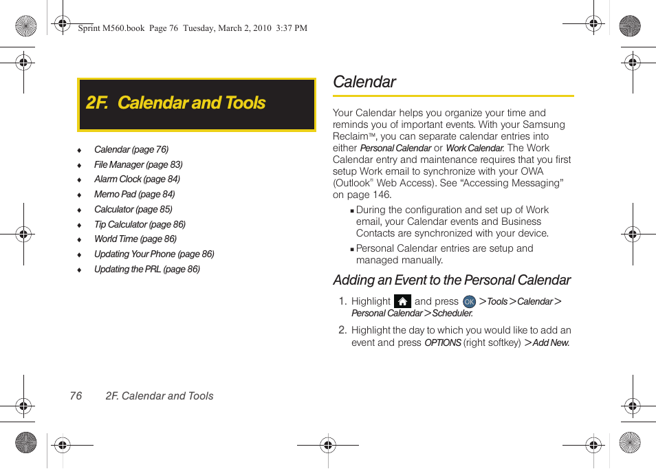 2f. calendar and tools, Calendar, Adding an event to the personal calendar | Samsung SPH-M560BLASPR User Manual | Page 92 / 222