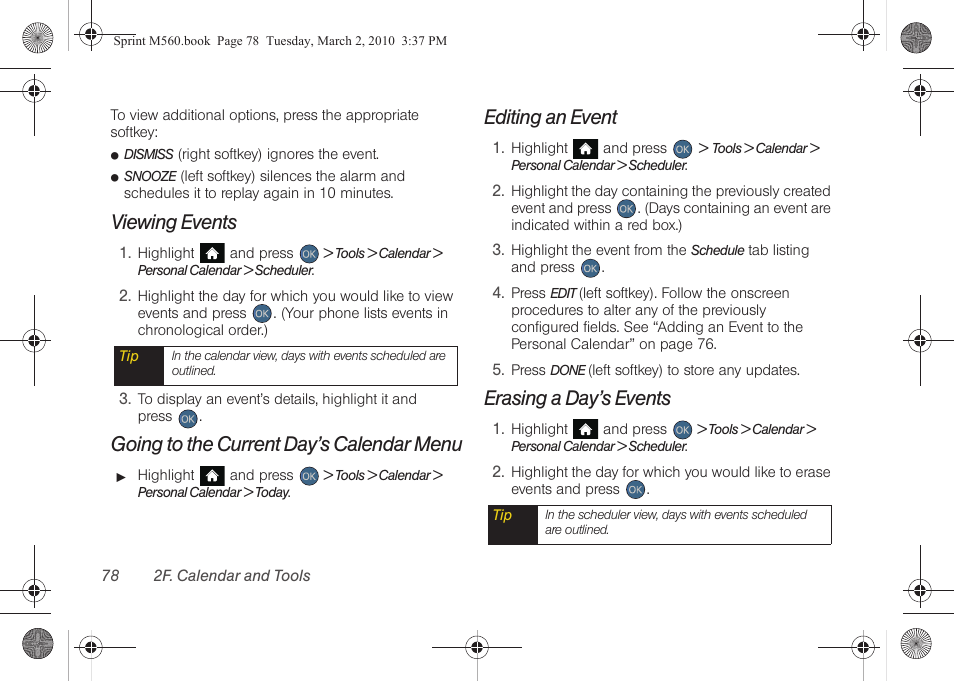 Viewing events, Going to the current day’s calendar menu, Editing an event | Erasing a day’s events | Samsung SPH-M560BLASPR User Manual | Page 94 / 222