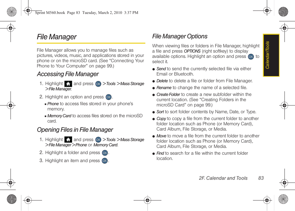 File manager, Accessing file manager, Opening files in file manager | File manager options | Samsung SPH-M560BLASPR User Manual | Page 99 / 222